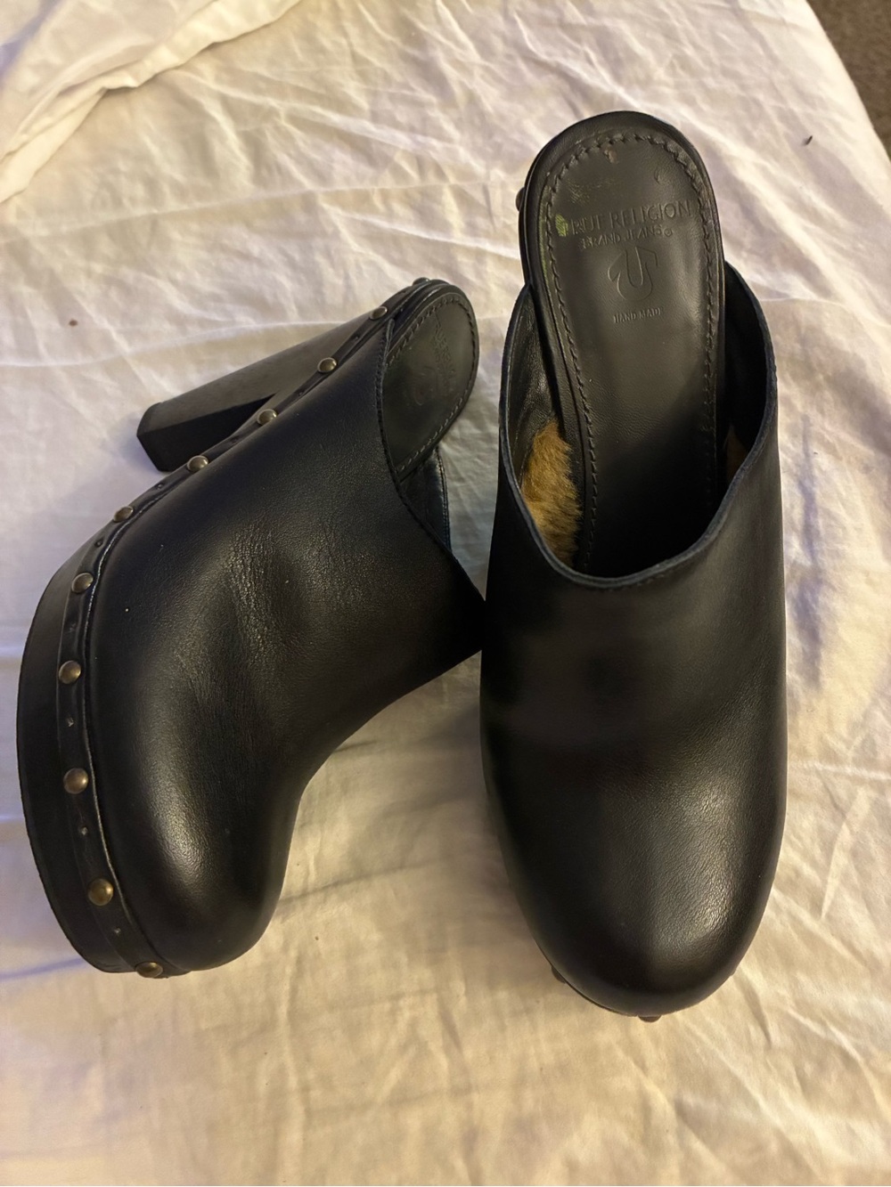 True Religion Black Leather Studded Clog Mules 8